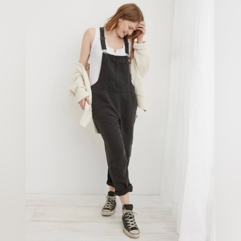 Aerie Charcoal Gray Linen Blend Utility Overalls